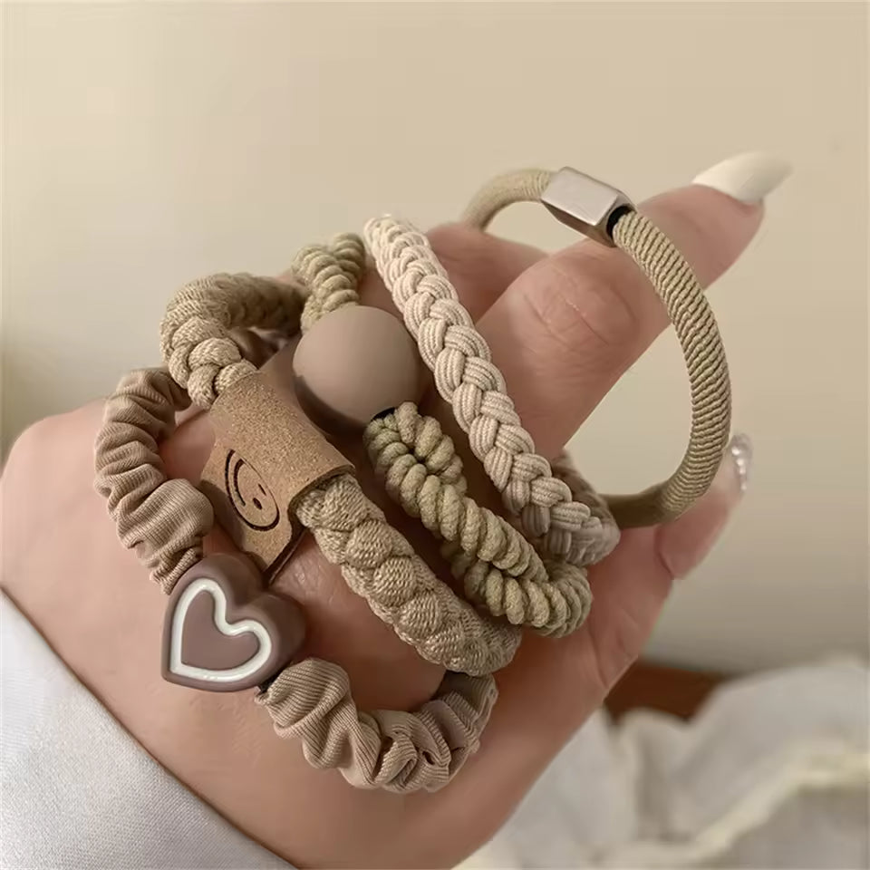 Beige Knot & Heart Braided Hair Ties - 5 pack
