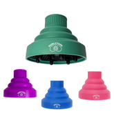 Green hair curly hair diffuser with purple, blue, and pink curly hair diffusers on a white background