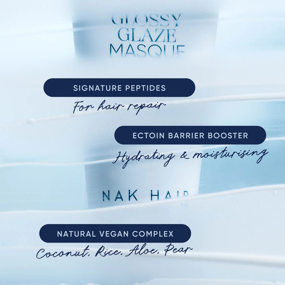 A promotional graphic for Glossy Glaze Masque hair product, featuring a blurred tube of creamy white product with navy text labels and white text highlighting ingredients and benefits, including 'For hair repair', 'Hydrating & moisturising', and 'Coconut, Rice, Aloe, Pear'.