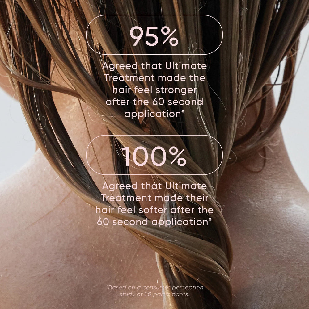 Close-up of hair with text indicating treatment effectiveness