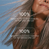 Woman with gray hair against a blue background, featuring text about hair conditioners.