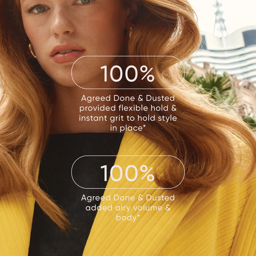 Woman with styled hair wearing a yellow coat, with text about hair product features for Nak Done and Dusted