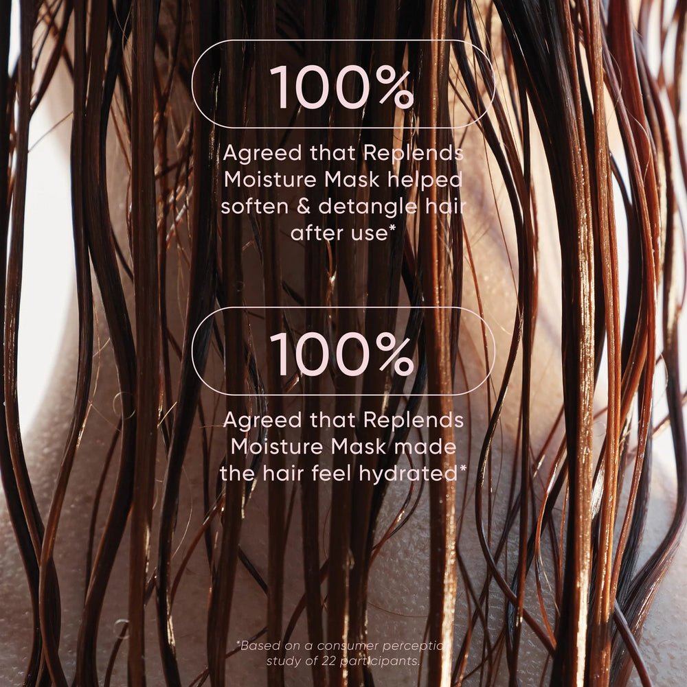 Close-up of wet hair with text overlay about Replands Moisture Mask's effectiveness.