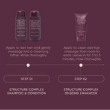 Hair care product set with shampoo, conditioner, and bond enhancer on a dark purple background.
