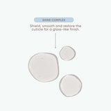 Three translucent circular droplets on a very light gray background with text reading 'SHINE COMPLEX' and a descriptive caption about shielding and restoring the cuticle for a glass-like finish.