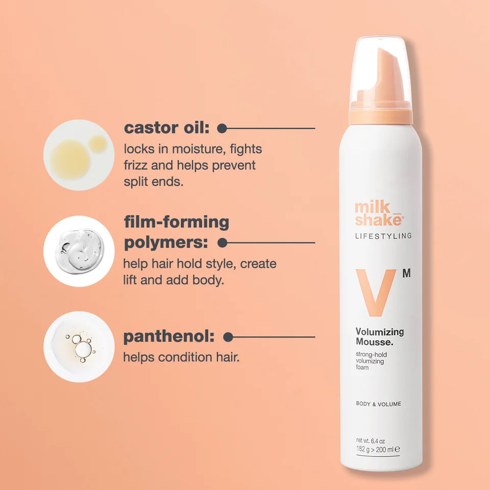 A white Milk Shake Volumizing Mousse can with a peach pump, shown on a peach background with ingredient callouts for castor oil, film-forming polymers, and panthenol.