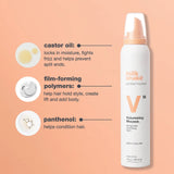 A white Milk Shake Volumizing Mousse can with a peach pump, shown on a peach background with ingredient callouts for castor oil, film-forming polymers, and panthenol.