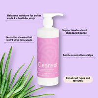 Clever Curl Cleanser bottle with benefits and aloe vera plant on purple background