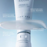 Nak Hair Glazed Masque glossy treatment bottle shown with a smear of white product and text callouts describing its high-gloss smoothing benefits on a soft blue gradient background.