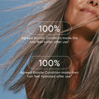 Woman with gray hair against a blue background, featuring text about hair conditioners.