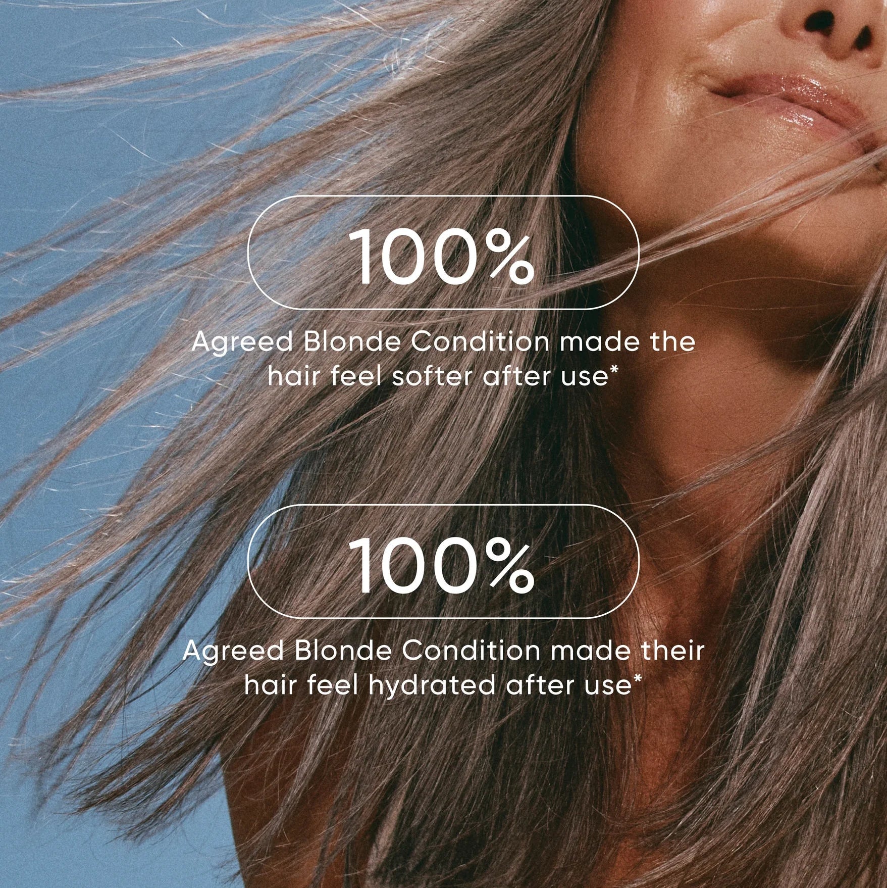 Woman with gray hair against a blue background, featuring text about hair conditioners.