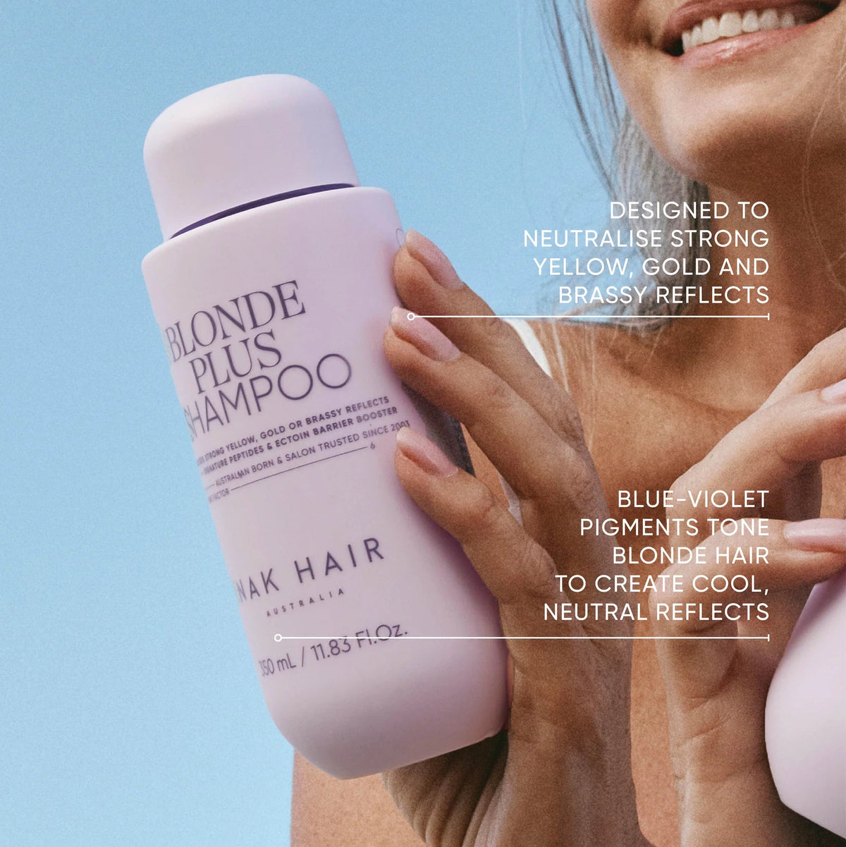 Woman holding a bottle of blonde plus shampoo with text on a blue background