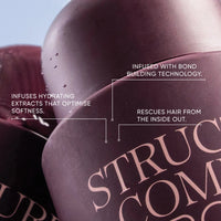 Close-up of a hair product container with text about its features.