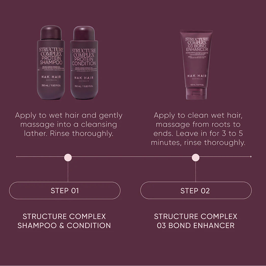 Hair care product set with shampoo, conditioner, and bond enhancer on a dark purple background.