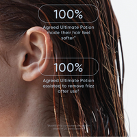 Close-up of a person's ear with text about hair care product effectiveness