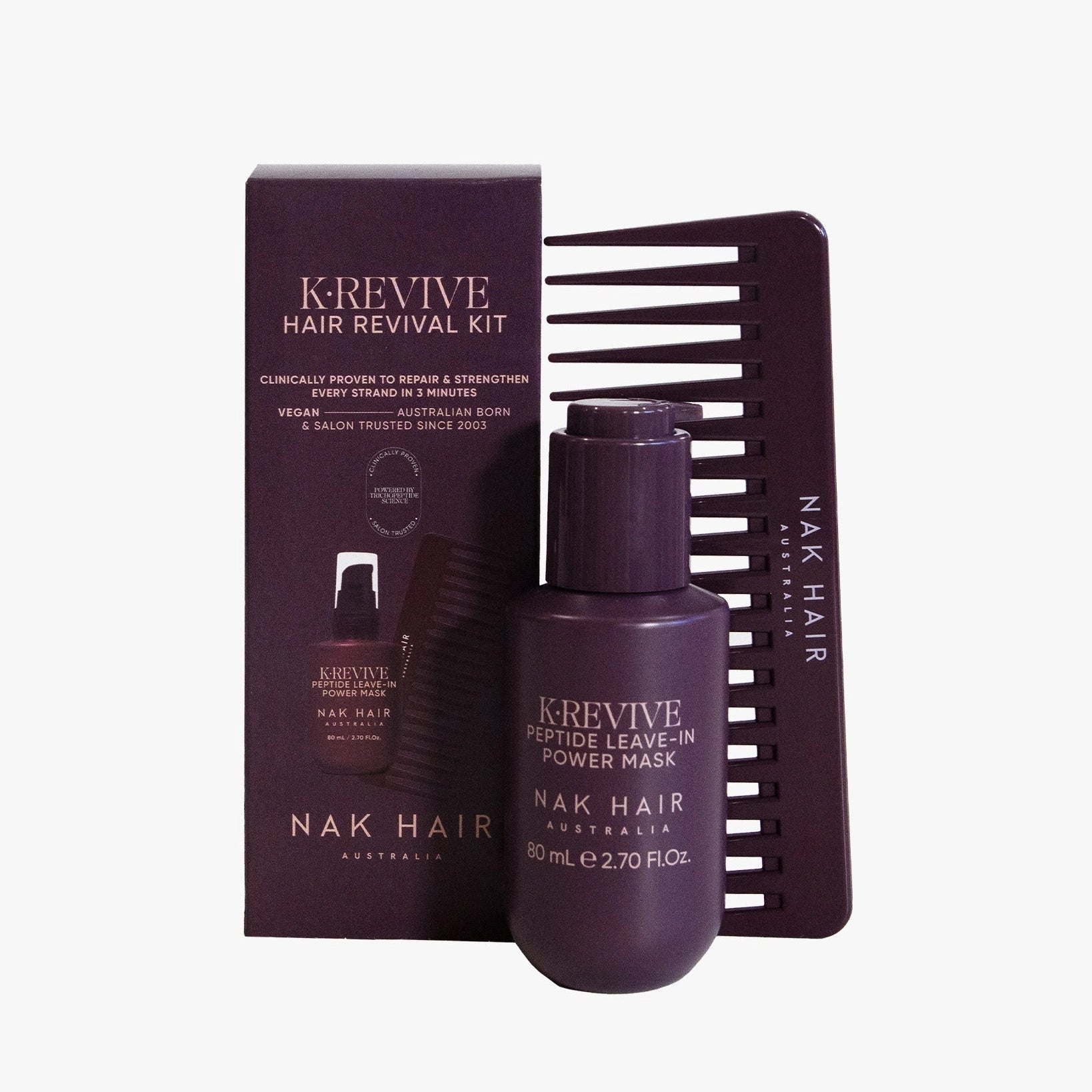 K-Revive Hair Revival Kit with power mask, comb, and packaging on a white background