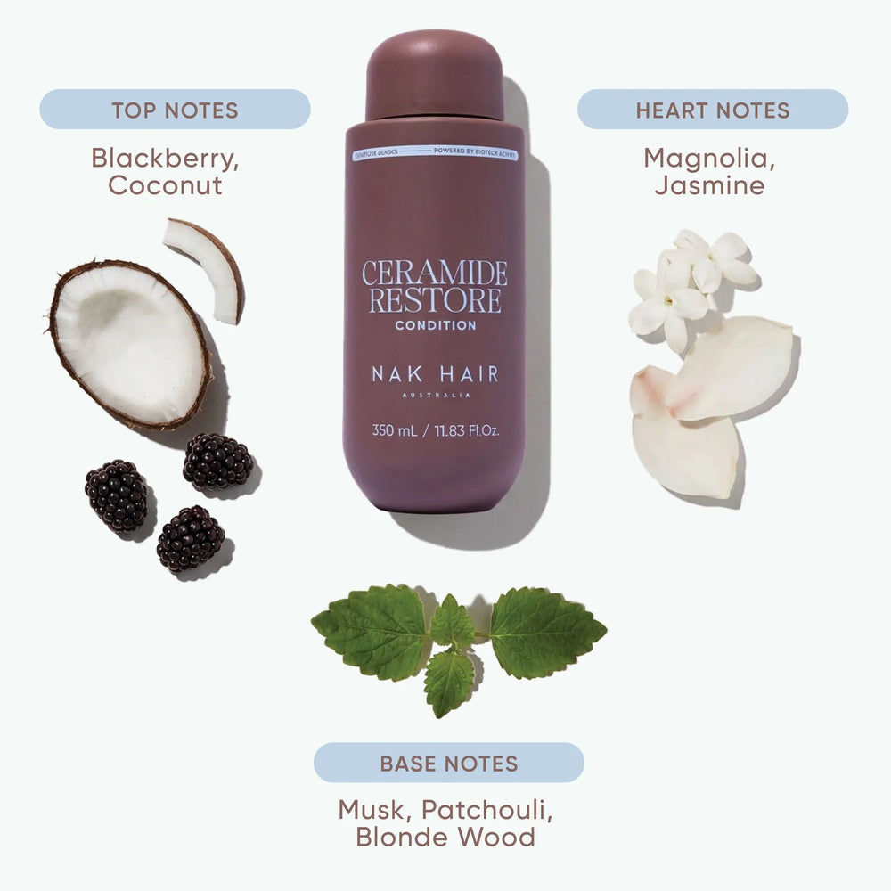 A bottle of NAK HAIR Ceramide Restore Condition hair product is centered on a light gray background with decorative ingredient callouts and text reading 'THE FRAGRANCE MORE THAN ROUTINE' and 'TOP NOTES' and 'HEART NOTES'.