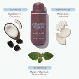 A bottle of NAK HAIR Ceramide Restore Condition hair product is centered on a light gray background with decorative ingredient callouts and text reading 'THE FRAGRANCE MORE THAN ROUTINE' and 'TOP NOTES' and 'HEART NOTES'.