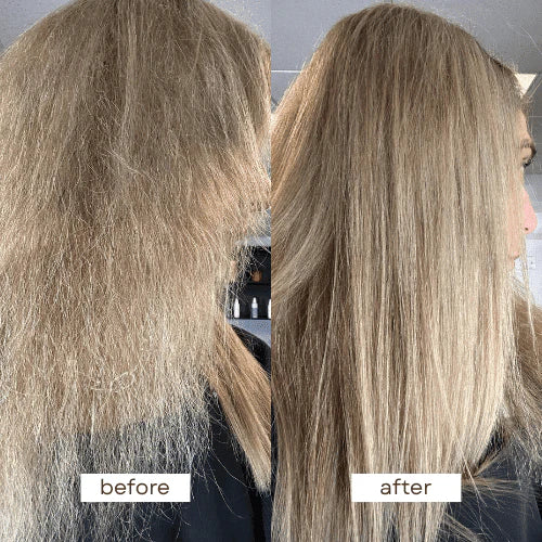 Before and after comparison of damanged hair treatment showing a significant improvement in hair health.
